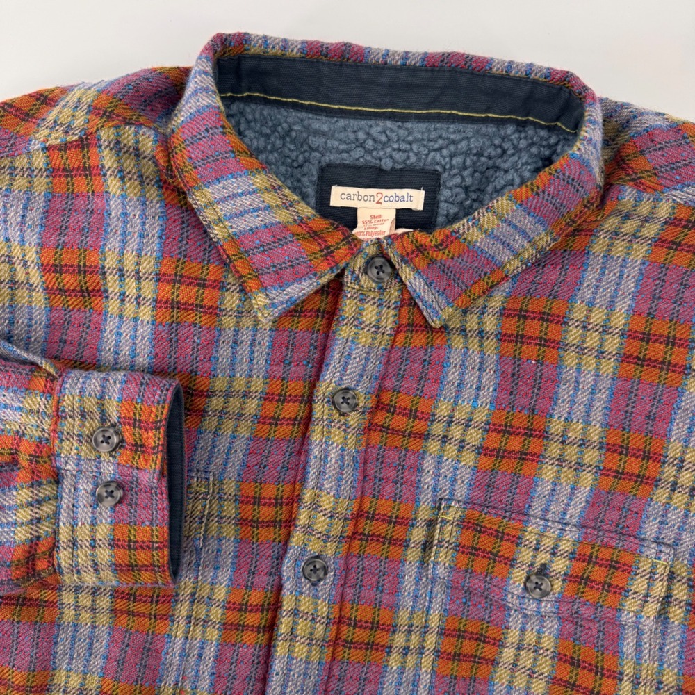Carbon2Cobalt Shirt Jacket Mens Large Multi Plaid Sherpa Lined Cotton Linen Wool